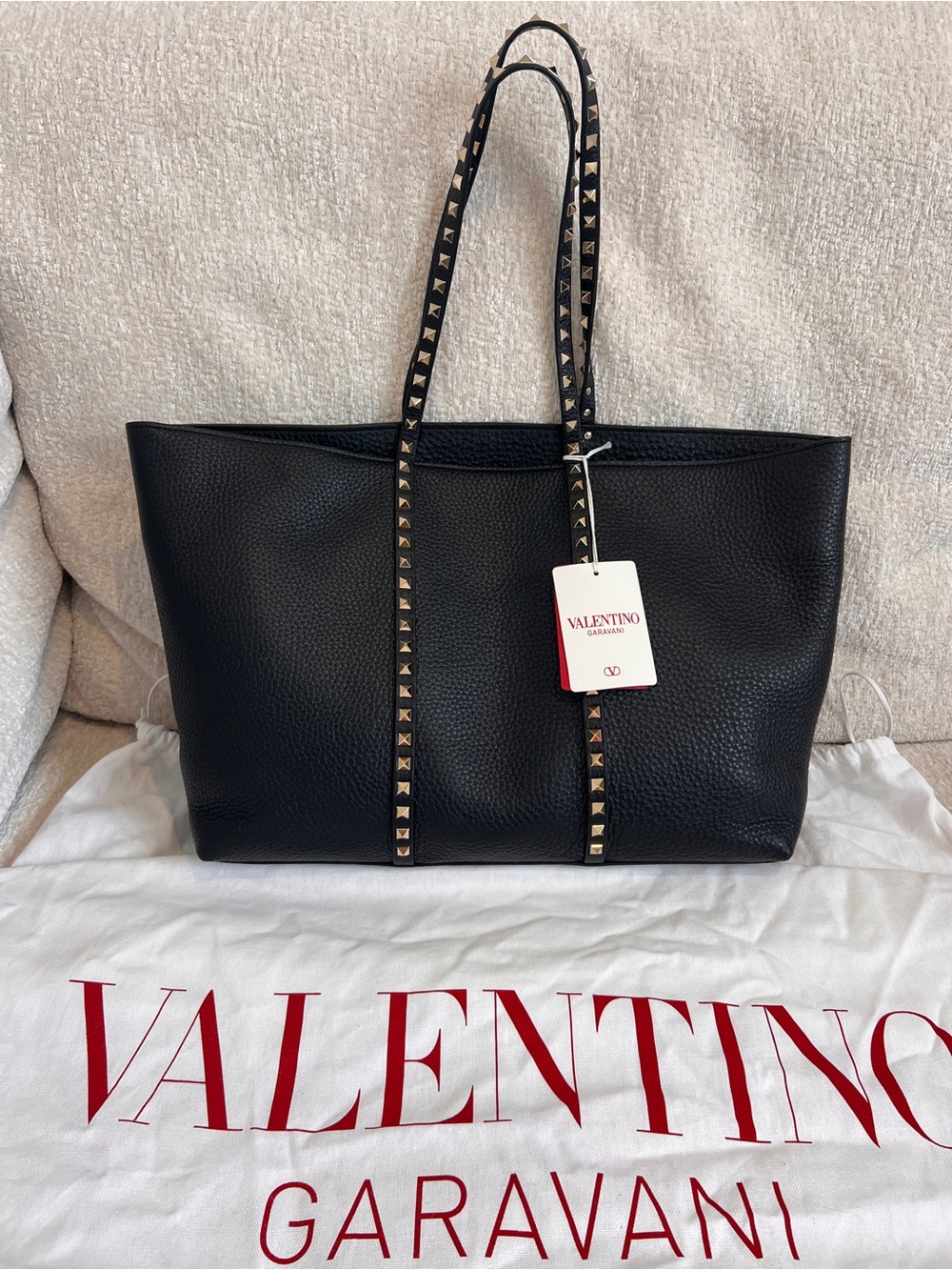 Valentino Garavani Black Pebbled Leather Rockstud Tote with Gold Accents. New!